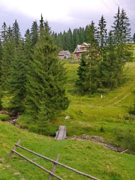 a bridge from a tree through a mountain stream to distant houses on a slope