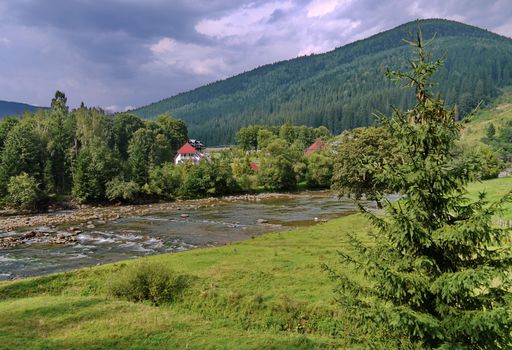 A shallow river with stones, a place for crossing salmon. Just about to go fishing a grizzly bear