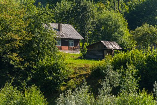 Old rural house on the mountainside with green trees and shrubs