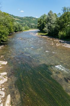 A fast mountainous green river, breaking huge stone boulders on its way