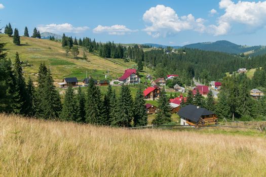 Beautiful rustic houses cottages surrounded by green fir trees on a background of mountains and blue cloudy sky