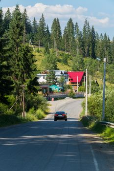 A road in the forest area leading to a cottage with multi-colored roofs