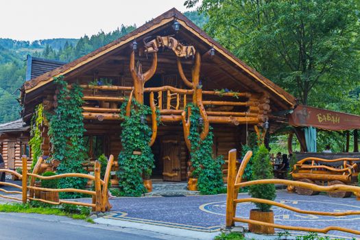 beautiful cafe with wooden fence, thuja and ivy
