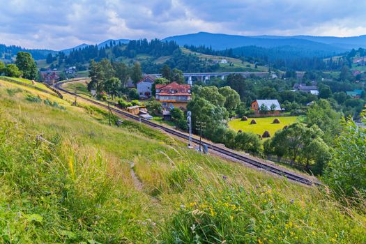 A path on a slope overgrown with grass and flowers leading to the railway below which makes a smooth turn around the village with houses.