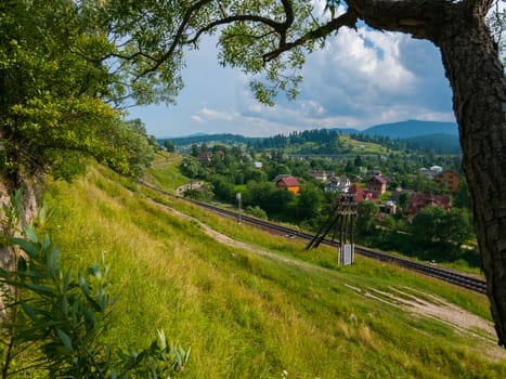 sloping green slope at the bottom of which runs around the village going off into the distance railway track