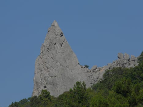 Rocky mountain with a peak on top of the tree crowns