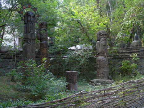 Beautiful sculptures of ancient gods made of wood