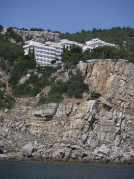 view of the white hotel, located in the Crimean mountains