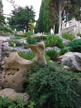 stones in the park on the slope made in the form of various figures among bushes with greens