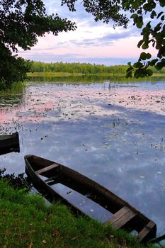 a wooden boat in a quiet pond overgrown with water-lilies standing near the green shore