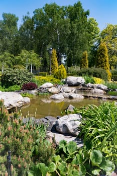 Green decorative lake with rocks and various shrubs against the background of a huge park area