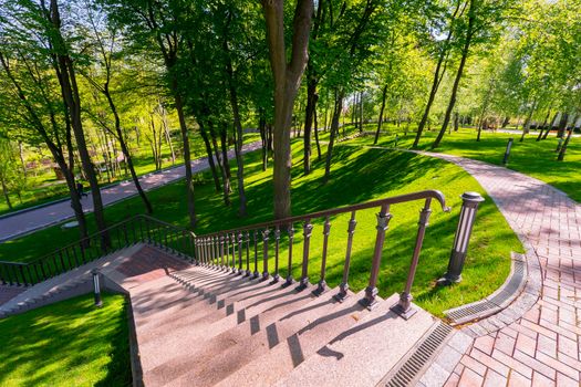 Go downstairs with flashlights in a green summer park on a lively day