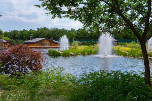 beautiful landscape design with a wooden house and fountains on the lake
