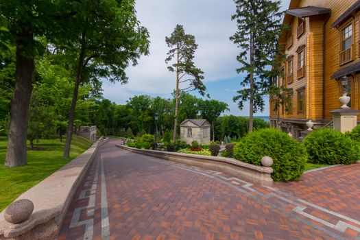 downhill from an elite wooden house in the park, with picturesque landscapes. Mezhigirya. Ukraine