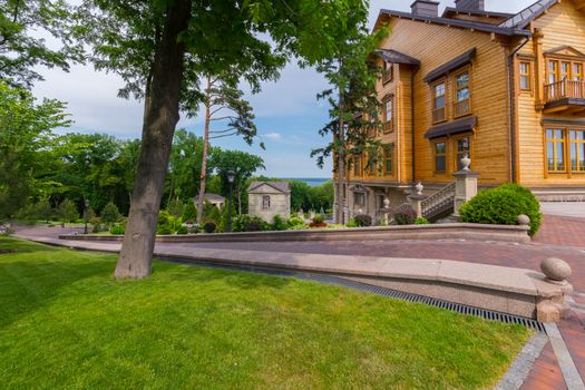 a tree in a park growing on a green lawn next to a paved walkway leading to a chic house