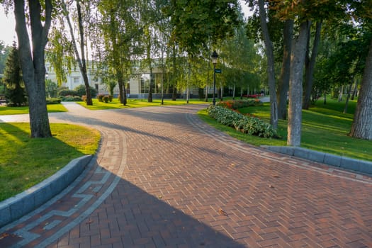 A wide park walkway with decorative green trees near the modern building