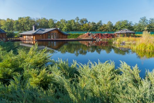 lake with thuja in the foreground on the background of a house and gazebo