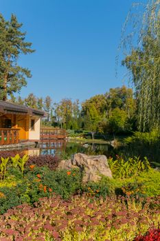 a deep blue sky above the park with a small pond and a beautiful flower bed