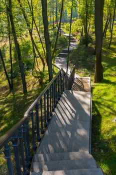 Alley with stairs and railing between trees in a green park