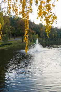 Branches with yellow leaves hung on the frame, covering the fountain in the background