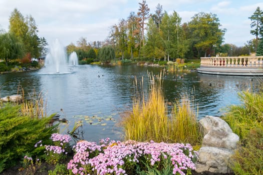 fountains water surface of the pond floating ducks is a good place to relax in the park