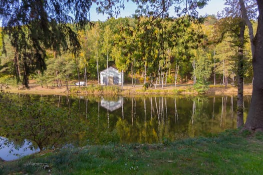 a lake with a smooth surface of water that reflects the high birch on the shore