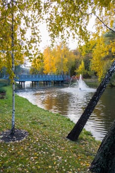 A chic autumn view from the shore to the river with a beating fountain in the middle with a pedestrian bridge against the background of trees dressed in lush yellow foliage.
