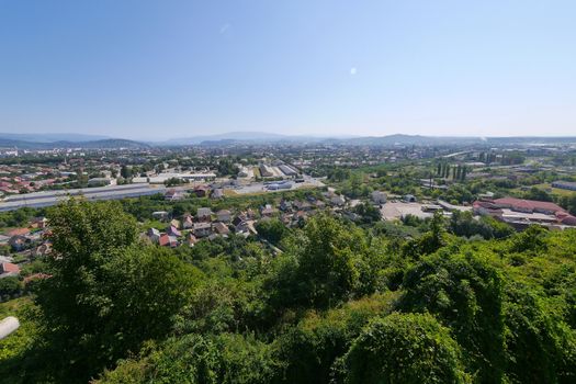 The panorama of the roofs of the city Mukachevo from the observation tower of the palanque castle