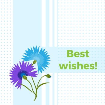 Floral greeting card best wishes with blue flower cornflower or centaurea cyanus. Polka dot background. Cartoon cornflower postcard
