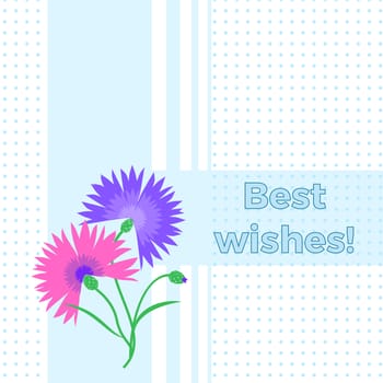Floral greeting card best wishes with blue flower cornflower or centaurea cyanus. Polka dot background. Cartoon cornflower postcard
