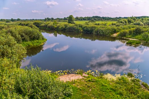 A pond with clear water, like a second heaven on earth. Blue with white clouds