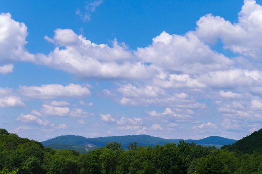 green tops of trees and mountains under the boundless heavenly ocean