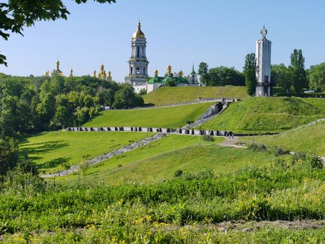 Beautiful Cathedral of the Kiev-Pechersk Lavra with golden and green domes