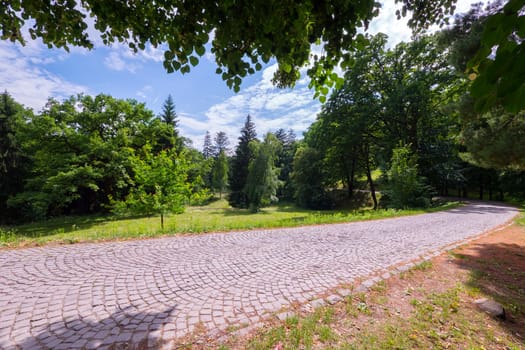 A stone parked walking promenade with green trees and bushes on either side