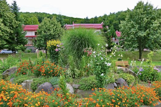 Designer flower bed with growing green bushes in the center surrounded by flowers that are covered with stones and the entire composition is once again planted with flowers.