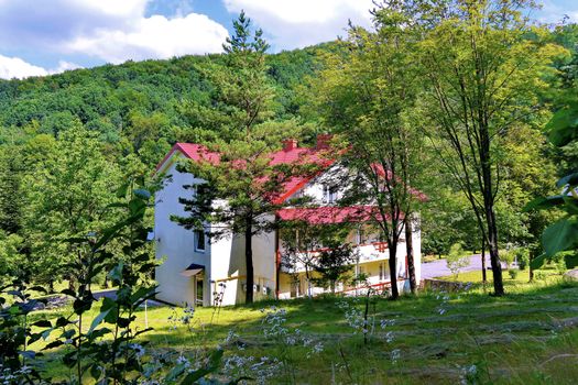 White house with a red roof among the trees. And the blue sky