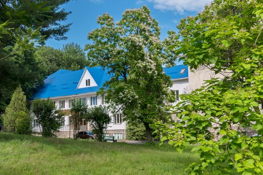 A holiday home standing in a beautiful green area among trees with a bench for rest near the green lawn against the blue sky.