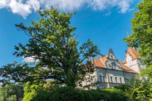 The Count of Schoenborn Castle on a hill in the Carpathian Mountains on the background of a blue sky