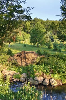 View of a small river and a beautiful green area with firs and other trees