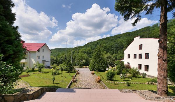 Beautiful view from the steps in the park on the green lawns growing next to houses and mountain slopes overgrown with dense forest.