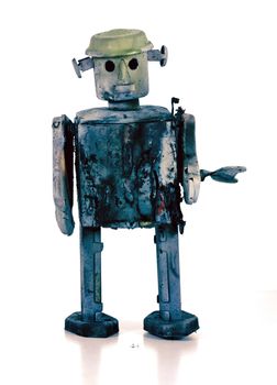 unhappy burnt robot toy