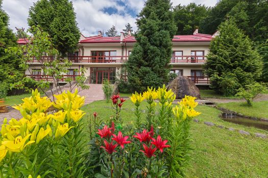 Beautiful white and red lilies growing on a green lawn in front of the house with a tiled roof and a large stone lying between two trees near its walls.