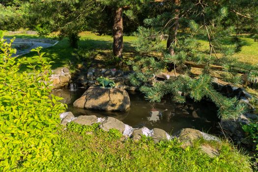 Sculpture of a frog of a poisonous green color sitting on a rock in a small pond surrounded by rocks on the shores in the shade of magnificent firs.
