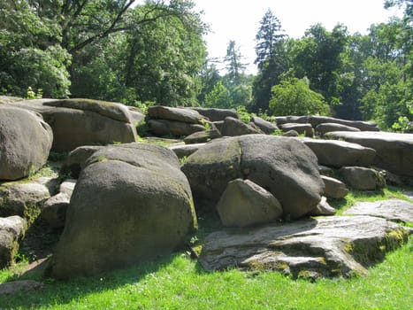 A fascinating sight is the picture of a glade with large smooth as if polished stones lying on it located among green trees.
