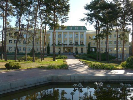 The facade of the Sofiwski Hotel with a fountain outside before the central square. Uman Ukraine