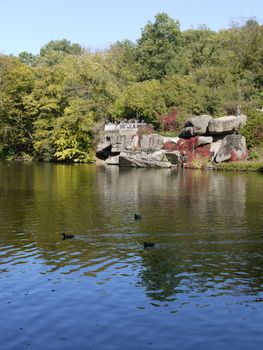 ourists on the shore of the pond looking at large boulders against the background of floating birds