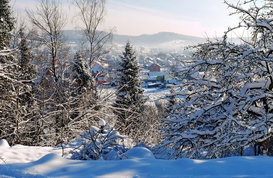 View from the mountain to a snow-covered village with small houses and yards