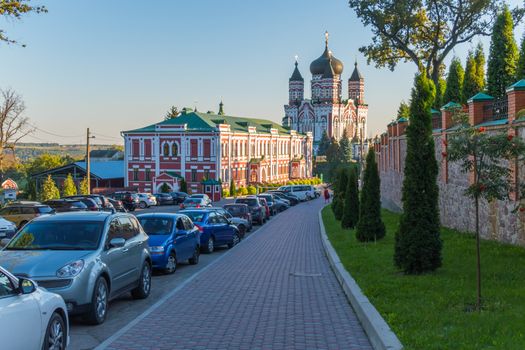 road along the red fence with thuja leading to beautiful old buildings