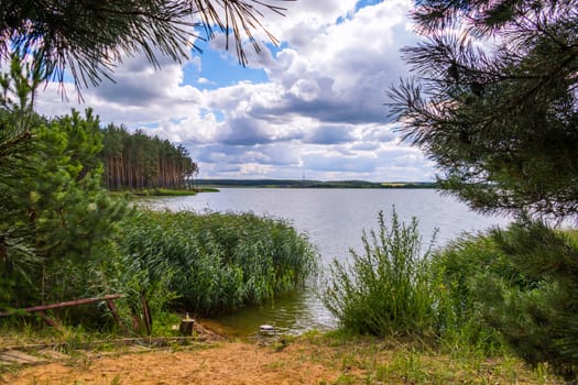 The lake shore with a small wooden descent in the form of steps. The pine forest is visible on the second bank