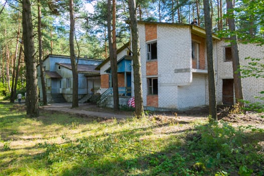 Old unfinished two-storey houses with verandas are located in a pine forest